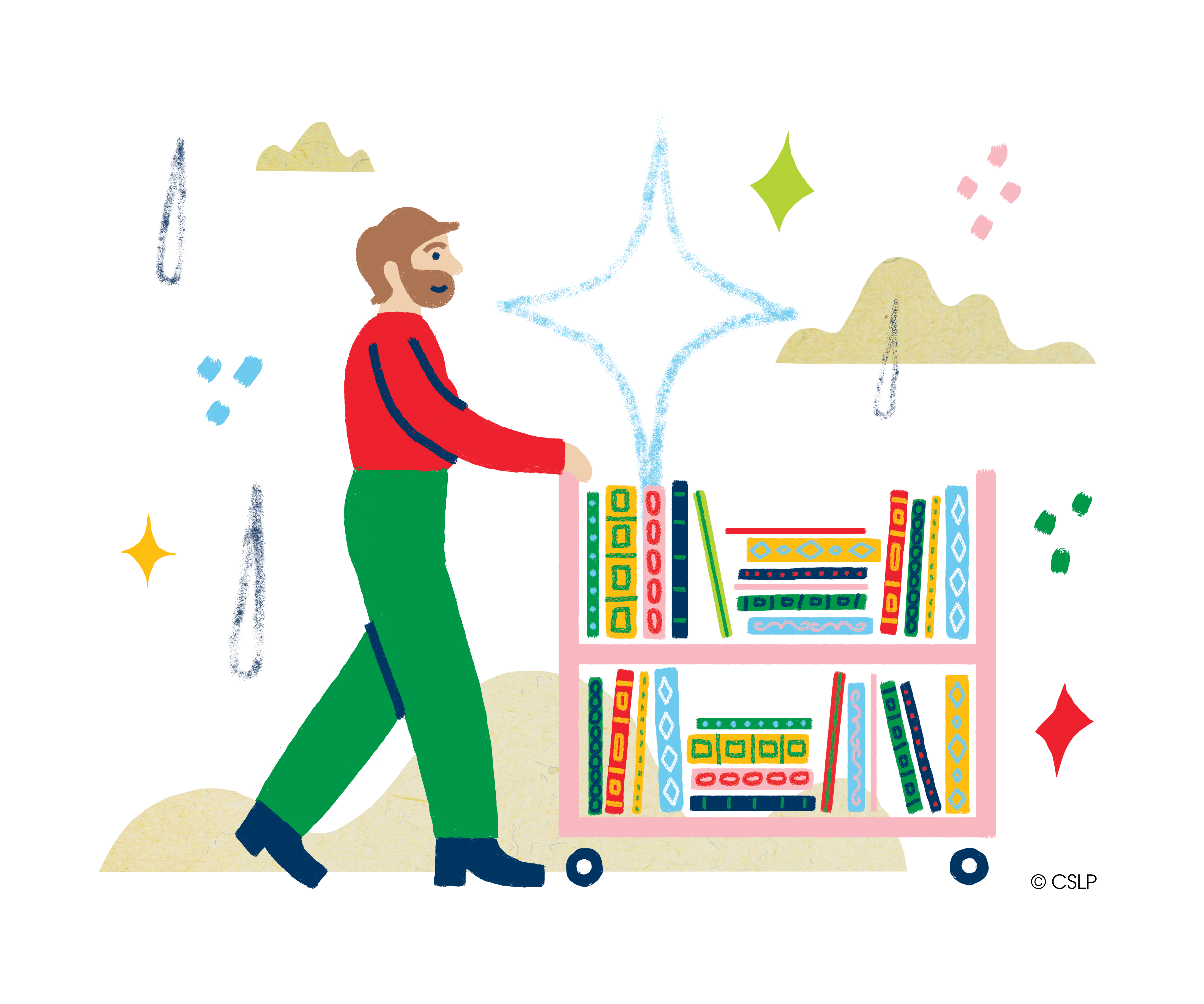 Drawing of librarian pushing a bookcart.