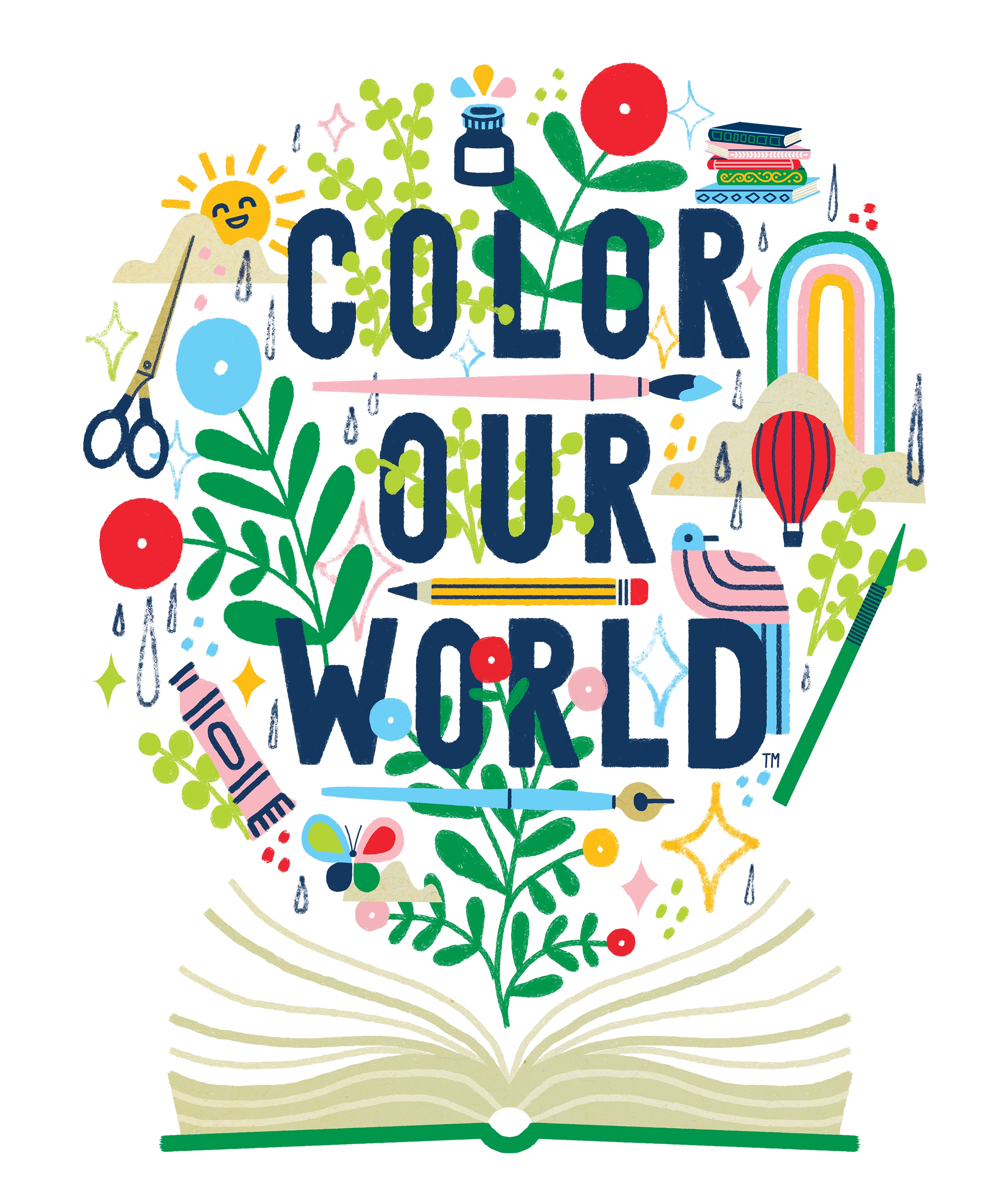 Color Our World logo over an open book