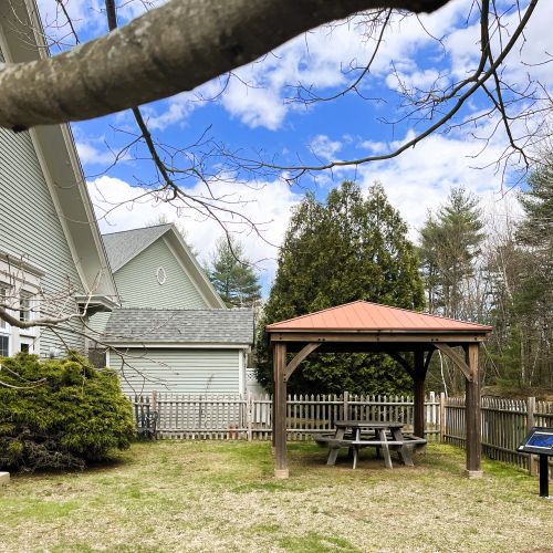 The gazebo and picnic table in the Story Garden. 
