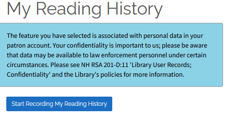 Screen shot of "Reading History" page in our catalog.