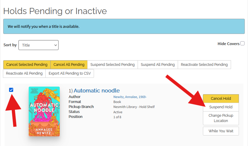 Screenshot of the "suspend holds" screen with the item checked. 
