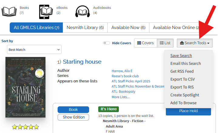 Screenshot of selection of "search tools" in the catalog.