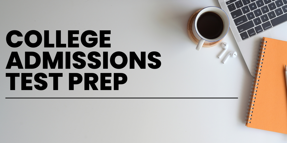 College admissions test prep promotional image, an overhead image of a laptop, a cup of coffee, a notebook, and airpods on a table. 