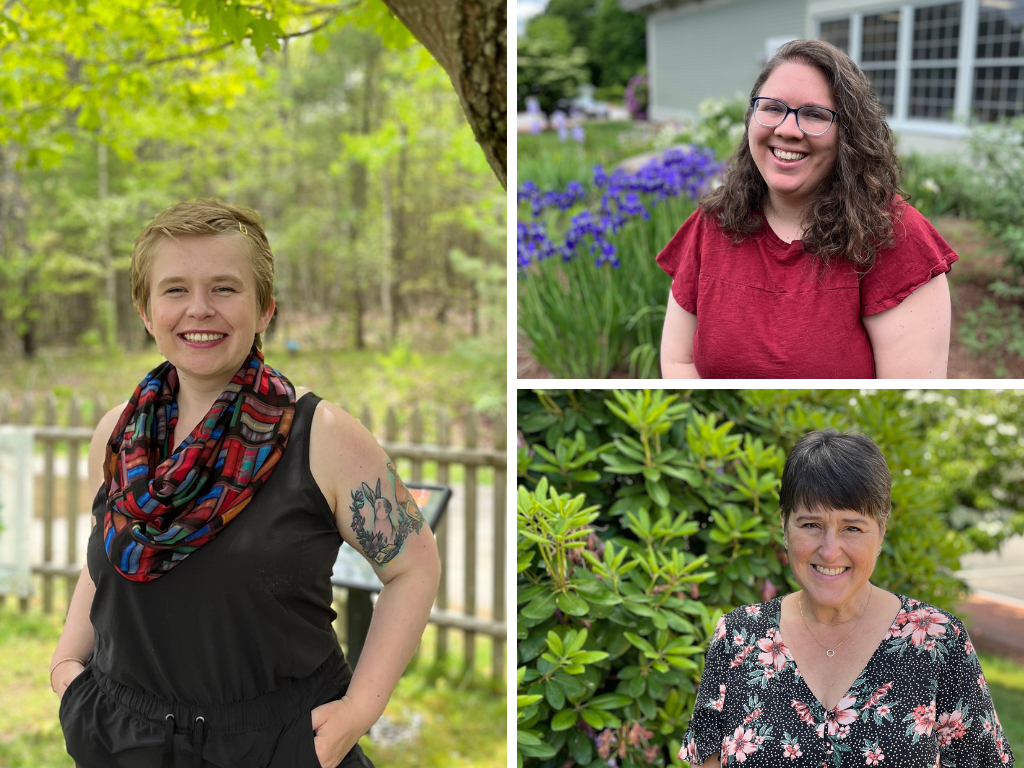 Three smiling Youth Services staff members posing outdoors in garden settings.